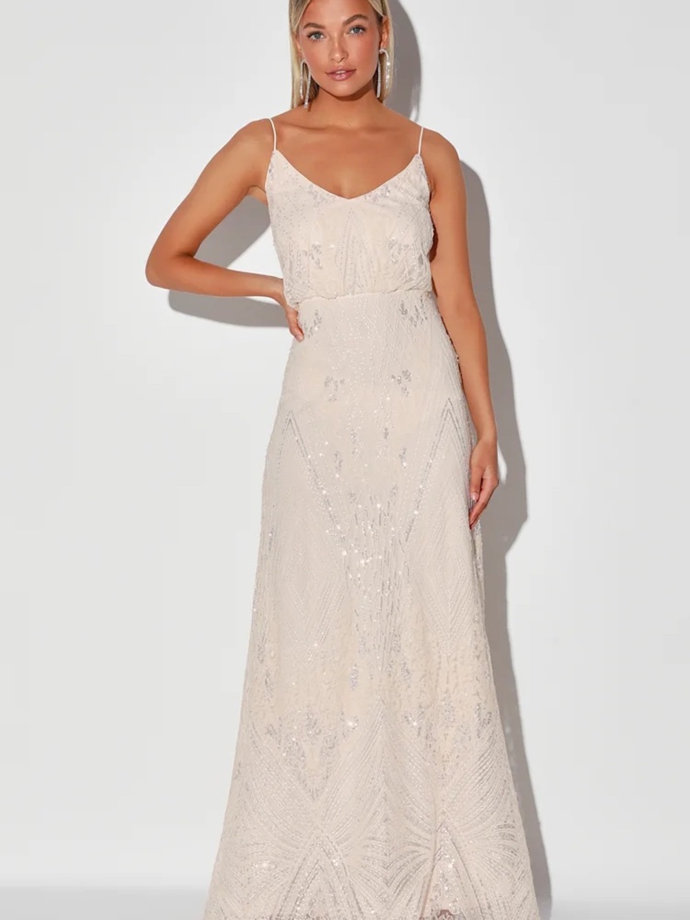 You’re So Sweet Lulus Cream Sequin Embroidered Sleeveless Formal Dress